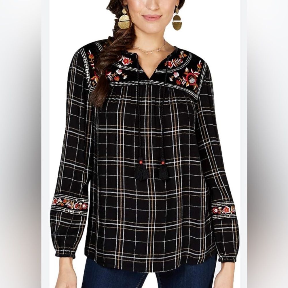 Style & Co plaid boho embroidered top size PS
